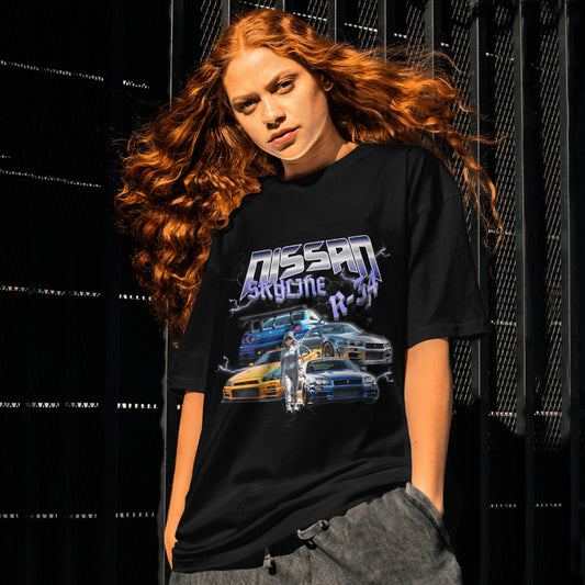 Vintage Anime Girl Nissan Skyline R-34 Unisex Cotton T-shirt